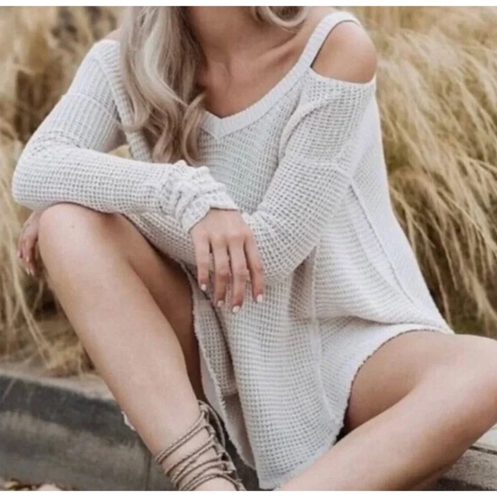 Free People OB428208 Beige Cotton Waffle Knit Cold Shoulder Fringe Sweater S